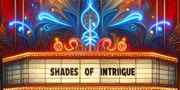 A lively movie theater scene with diverse viewers captivated by adult films, featuring glowing neon lights and ornate decorations.
