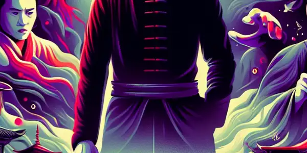 A charismatic male lead in an edgy outfit stands in a surreal, atmospheric landscape of fantasy and horror.