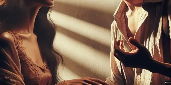 A dimly lit room with two characters in a passionate argument, surrounded by vintage film elements and cinematic posters.