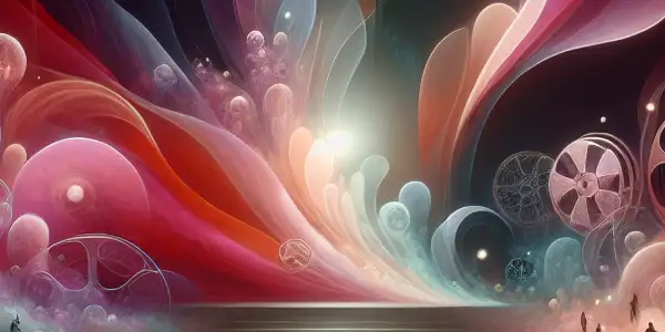 A dimly lit cinema during Cannes, showcasing a diverse audience captivated by an abstract, sensual film.