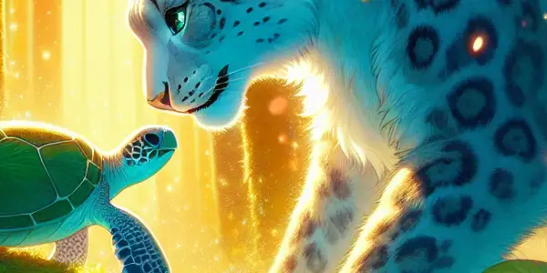 A whimsical scene of a snow leopard and sea turtle expressing love in a vibrant, enchanted forest.