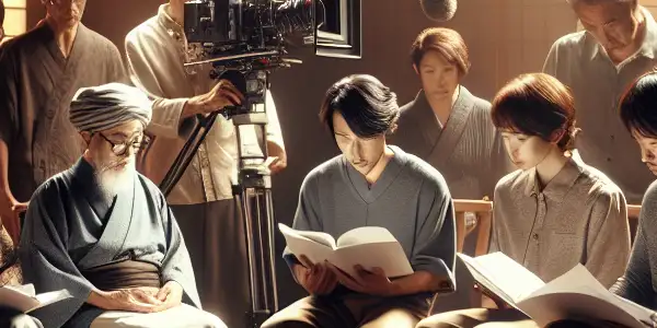 A professional film set featuring diverse adult actors collaborating on a script, emphasizing consent and creativity.