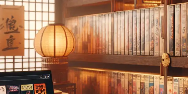 A cozy Asian-themed library filled with vintage VHS tapes, movie posters, and modern technology, inviting exploration.