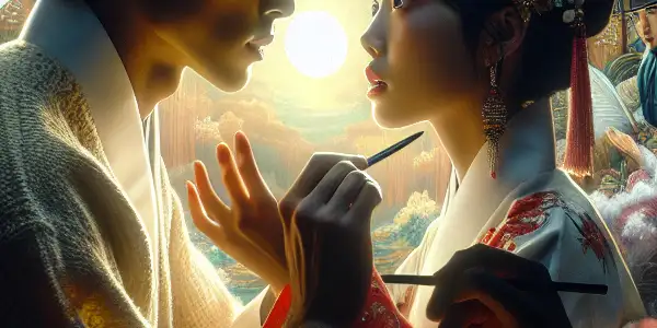 A cinematic scene depicting intimate characters expressing love and desire, set against a vibrant Korean cultural backdrop.