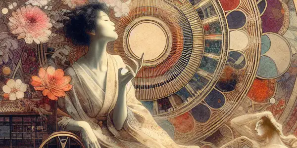 An ornate bookplate featuring a sensual figure surrounded by elements of eroticism and Japanese cultural motifs.