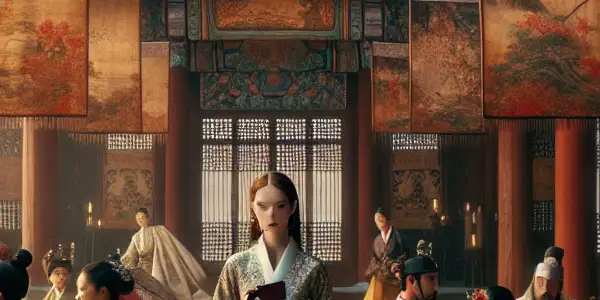 A lavish Korean royal court scene featuring a captivating woman in an elegant hanbok, surrounded by flirtatious courtiers.