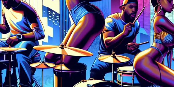 A vibrant urban scene featuring diverse musicians performing passionately, blending hip-hop culture with subtle adult film aesthetics.