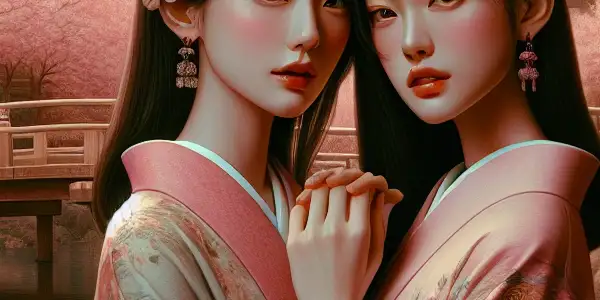 Two young women in kimonos stand in a cherry blossom garden, embodying a complex familial bond.