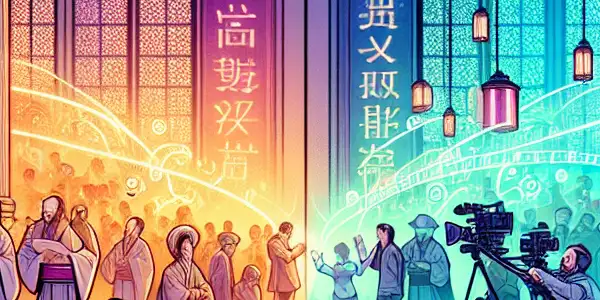 A split scene depicting the evolution of language: a serene classical library contrasting with a vibrant modern entertainment studio.