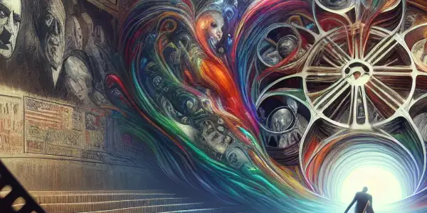 A film reel unspools vibrant, censored adult film scenes against dark walls symbolizing China's censorship laws.