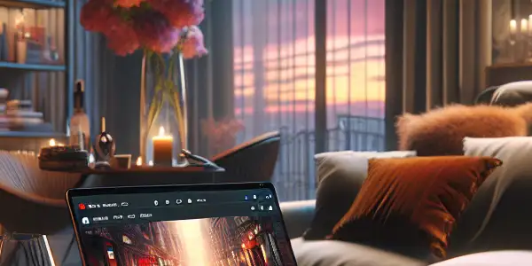 A cozy modern living room with a laptop displaying adult film content, surrounded by inviting decor and soft lighting.