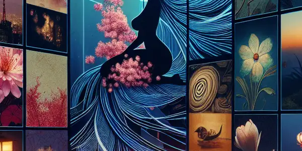 A modern digital interface displaying adult video thumbnails with Japanese aesthetic elements and an inviting, mysterious atmosphere.