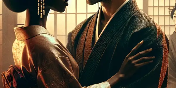 A couple in a dimly lit Japanese room engages in playful role-playing, surrounded by traditional decor and romantic ambiance.