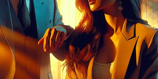 A confident woman engages in an intimate conversation with a charismatic male colleague in a stylish office during golden hour.