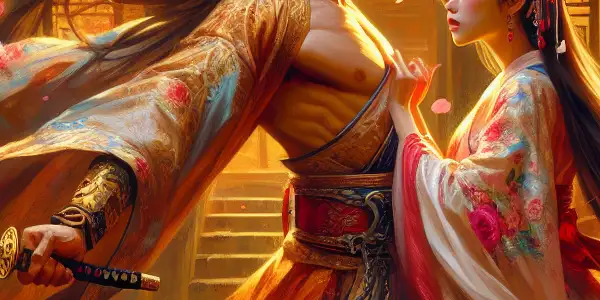 A dramatic moment between two characters in a romantic ancient Chinese courtyard, filled with tension and allure.