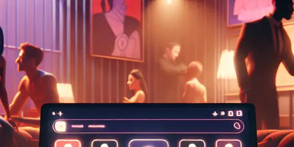 A cozy room featuring a laptop displaying a vibrant adult friendship platform with themes of privacy and community.