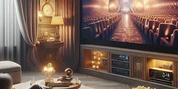 Cozy home theater with a couple on a couch, popcorn, and ambient lighting, featuring a large screen and elegant decor.
