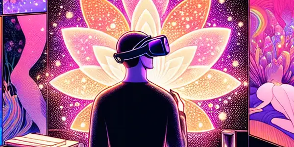 A modern, immersive room with vibrant screens displaying abstract adult content, featuring a person in a VR headset.