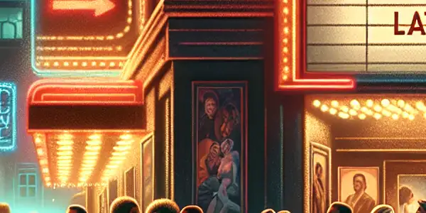 A vibrant late-night cinema scene with diverse adults enjoying films under neon lights outside a vintage theater.
