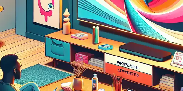 A cozy living room scene with a couple enjoying adult entertainment, surrounded by educational elements on intimacy and safe practices.