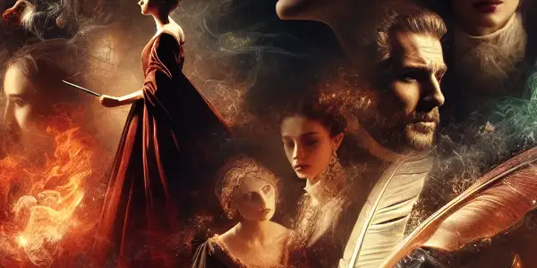 A dramatic scene blending adult film imagery with storytelling elements in a dimly lit, intimate atmosphere.