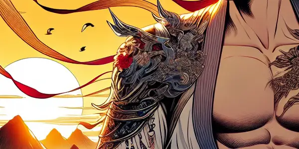 Xiang Shaolong in traditional armor, poised heroically against a romantic ancient Chinese landscape at sunset.