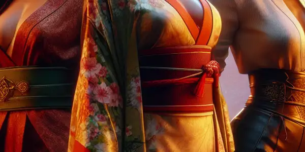 Three beautiful female characters in a mystical Japanese landscape, embodying adventure and sensuality amidst cherry blossoms and a serene temple.