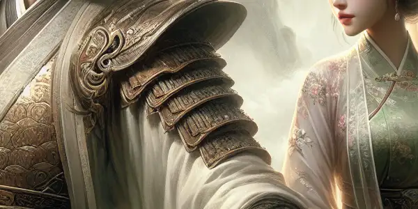 Guo Jing and Huang Rong share a romantic moment in a serene, dreamlike landscape of ancient China.