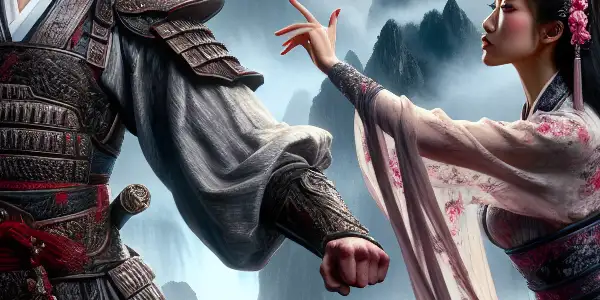 A passionate encounter between two martial artists in a lush, ancient Chinese landscape with cherry blossoms and misty mountains.