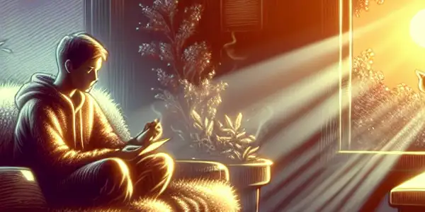 A contemplative person in a cozy room, surrounded by comforting elements, watches a glowing screen hinting at adult films.