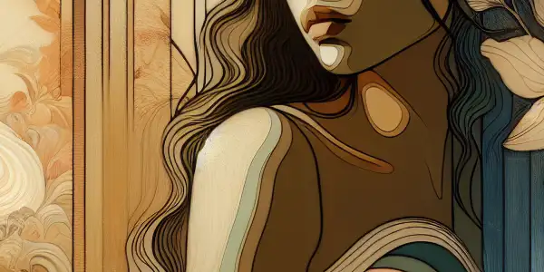 A young woman gazes out a window in a serene, softly lit room filled with blooming flowers and flowing curtains.