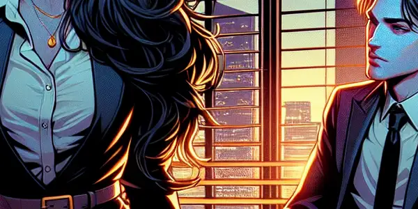 A woman and man share an intense moment in a modern Japanese office, surrounded by cityscape and office elements.