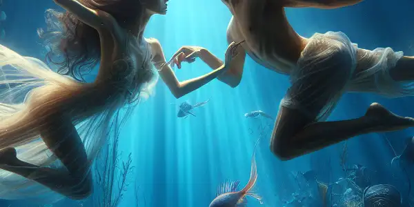 Two graceful figures swim playfully in a luminous underwater scene filled with vibrant plants and colorful fish.
