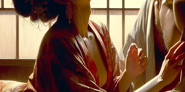 A passionate couple embraces in a dimly lit, intimate setting with flowing water reflections and traditional Japanese elements.