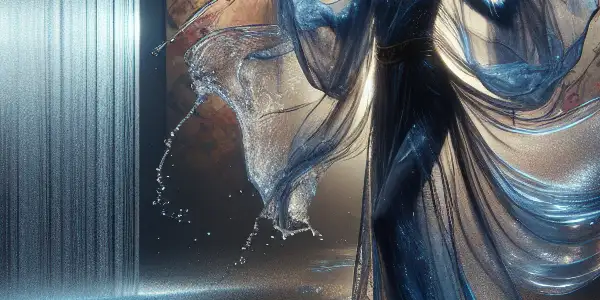 A sensual scene featuring a graceful figure amidst shimmering water, with a dreamy, intimate atmosphere and traditional Japanese elements.