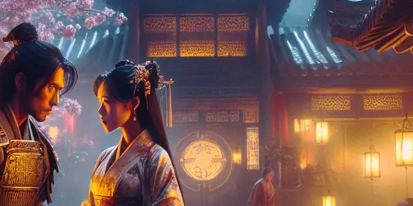 A passionate encounter between a warrior and a woman in a moonlit ancient Chinese courtyard with cherry blossoms.