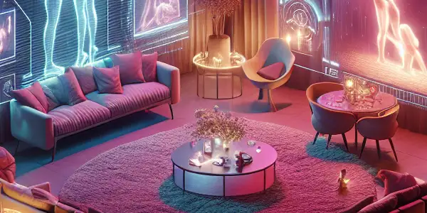 A cozy, softly-lit room with 3D holographic displays showcasing intimate moments between couples, evoking romance and connection.