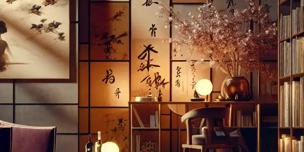 A luxurious library with vibrant books, a plush reading nook, and romantic movie silhouettes, evoking intimacy and allure.