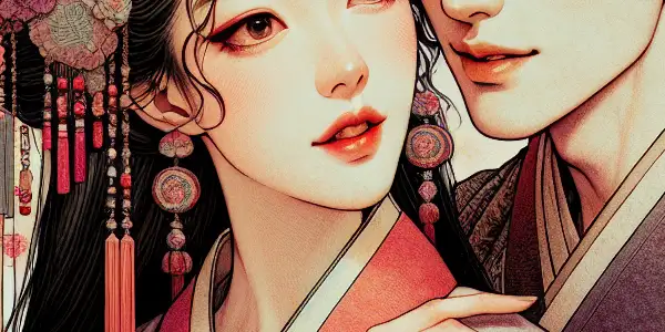 A passionate couple in an intimate moment, surrounded by elements of Korean culture and vibrant colors.