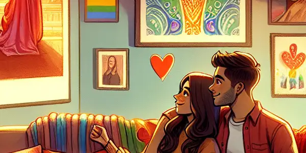 A cozy living room scene featuring a diverse couple watching a film, surrounded by LGBTQ+ themed decor and warm lighting.